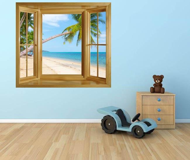 WIM85 - Window frame wall mural view of a tropical beach at dawn. - Art Fever - Art Fever